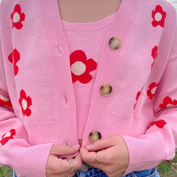 Bailey Rose Strawberry Flower Tank & Cardigan Sweater Set - Picture 2 of 4